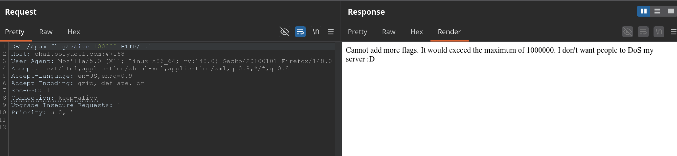 Burp request showing the flag database hitting the hard limit